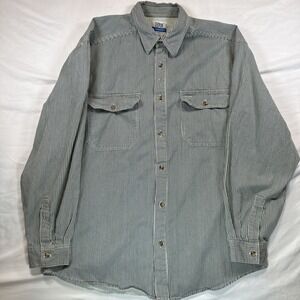 Denim Express Men's Green Striped Shirt Large Cotton Long Sleeve